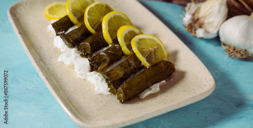 dolma or dolmades greek and turkish national food of stuffed vine grape leaves rolls ooked in olive oil served on blue background with youghurt and lemons photo