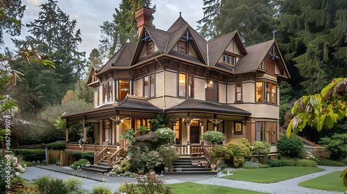 A classic Victorian house with tall ceilings, bay windows, and elegant detailing, nestled in a scenic area © DESIRED_PIC