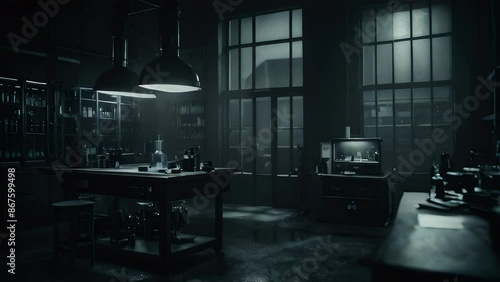 Sinister Science Metal Table and Glass Vessels in Forbidden Lab