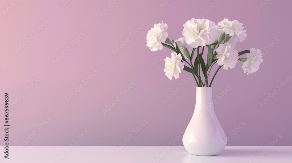 Minimalist white vase with carnations on table against lavender background, evoking serenity Minimalist white vase with carnations on table against lavender background, evoking serenity