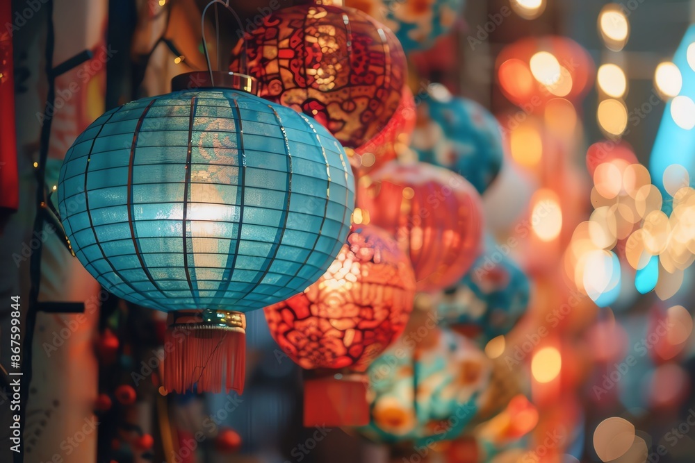 Obraz premium Colorful lanterns illuminate a festive street, creating a warm and inviting atmosphere.