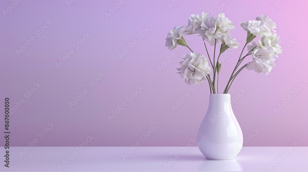 Minimalist white vase with carnations on table against lavender background, radiating simplicity Minimalist white vase with carnations on table against lavender background, radiating simplicity