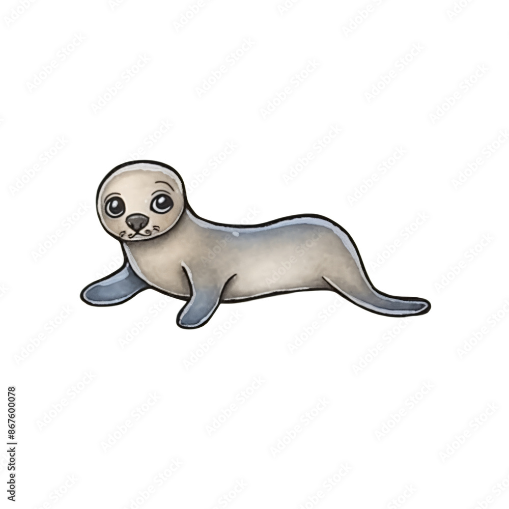 Fototapeta premium Watercolor baby seal with large eyes lying on its back with flippers up isolated on white and transparent background