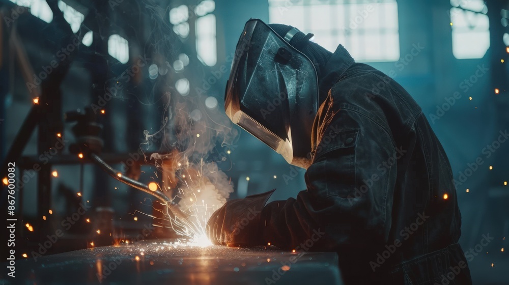 Male welder wearing helmet working with welding torch in factory Male welder wearing helmet working with welding torch in factory
