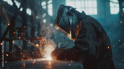 Male welder wearing helmet working with welding torch in factory