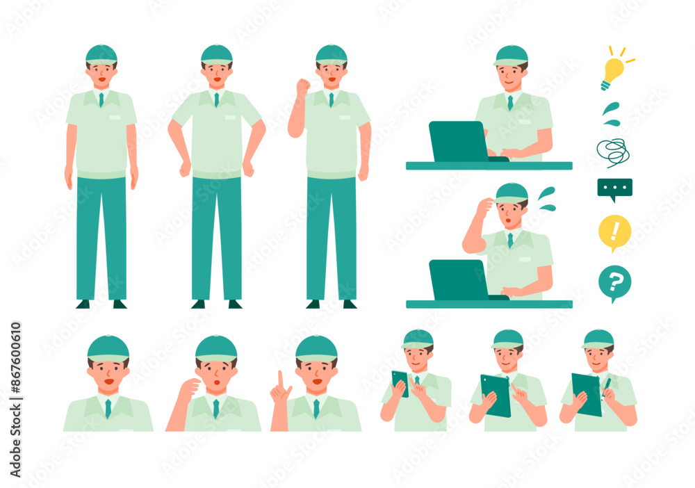Working man. Concept for Problem Solving. Man cartoon character head collection set. People face profiles avatars and icons. Close up image of Problem Solving man. Working man. Concept for Problem Solving. Man cartoon character head collection set. People face profiles avatars and icons. Close up image of Problem Solving man.