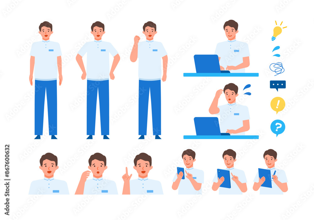 Working man. Concept for Problem Solving. Man cartoon character head collection set. People face profiles avatars and icons. Close up image of Problem Solving man. Working man. Concept for Problem Solving. Man cartoon character head collection set. People face profiles avatars and icons. Close up image of Problem Solving man.