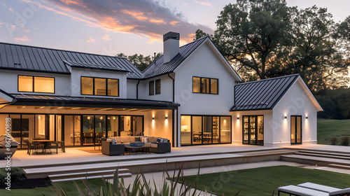 A contemporary modern farmhouse with a mix of traditional and modern design elements, sustainable features, and a spacious patio, located in a scenic countryside