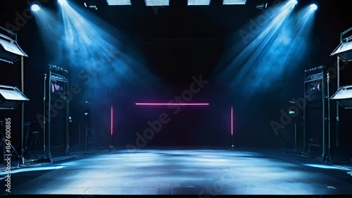 There is a dark blue backdrop, an otherwise empty stage, neon lighting, and bright spotlights.