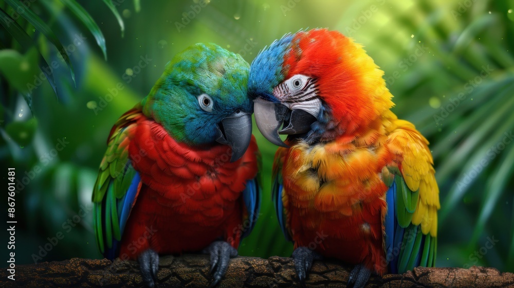 Colorful parrots perched on a branch in a lush tropical rainforest, showcasing vibrant plumage and natural beauty. Colorful parrots perched on a branch in a lush tropical rainforest, showcasing vibrant plumage and natural beauty.