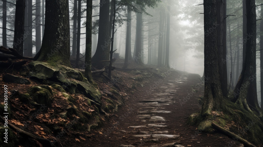 Fototapeta premium Mysterious Forest Path in Dense Fog.