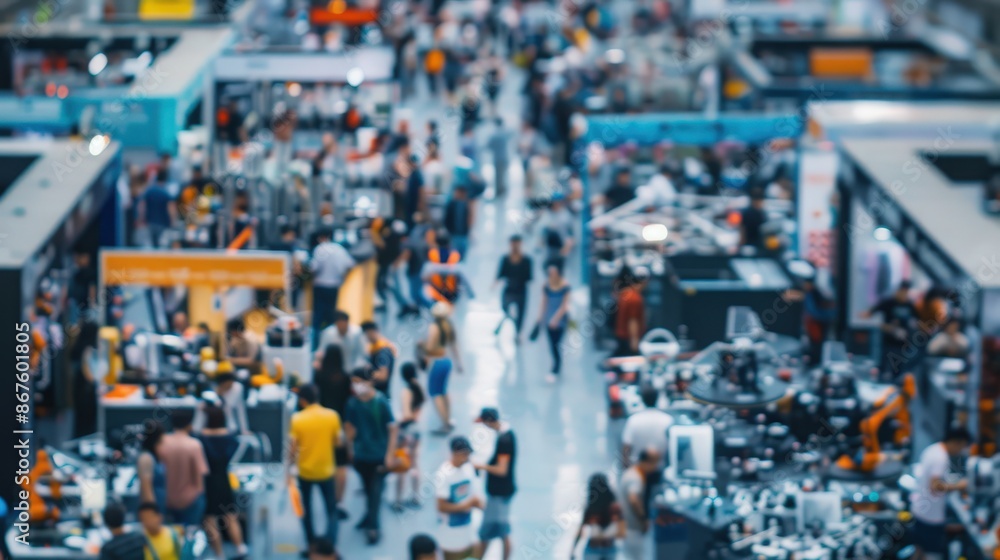 A bustling technology expo, filled with attendees exploring various models of robots and drones blurred people A bustling technology expo, filled with attendees exploring various models of robots and drones blurred people