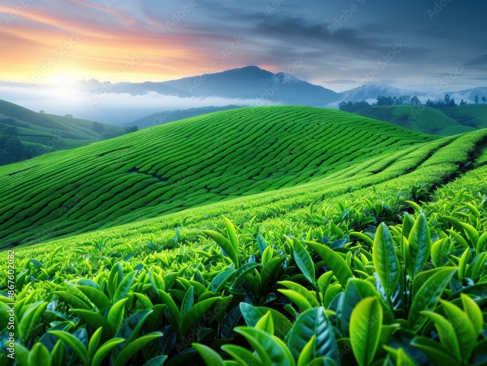Lush green tea plantations under a dramatic sky with mountains in the background, captured at sunset, providing a serene natural landscape. Lush green tea plantations under a dramatic sky with mountains in the background, captured at sunset, providing a serene natural landscape.