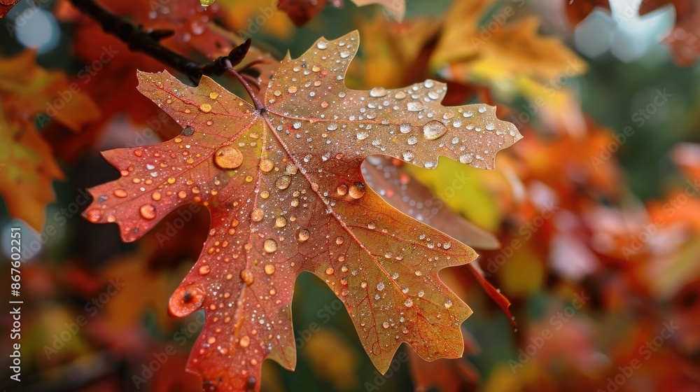 Close up of dew covered northern red oak leaf on tree surrounded by other foliage Close up of dew covered northern red oak leaf on tree surrounded by other foliage