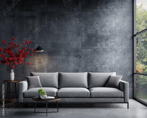 Modern living room with a stylish grey sofa, contemporary decor, floor lamp, side table, and large window revealing an outdoor view.