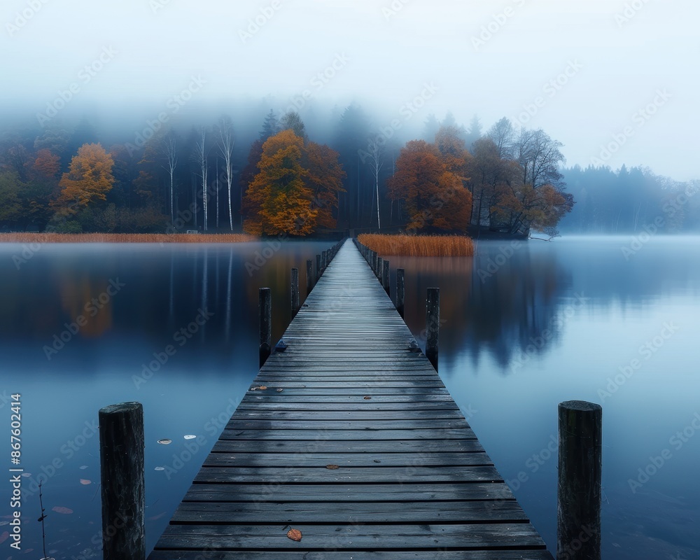 Scenic lake with wooden dock leading to colorful autumn trees and calm water shrouded in mist, creating a tranquil and serene atmosphere. Scenic lake with wooden dock leading to colorful autumn trees and calm water shrouded in mist, creating a tranquil and serene atmosphere.