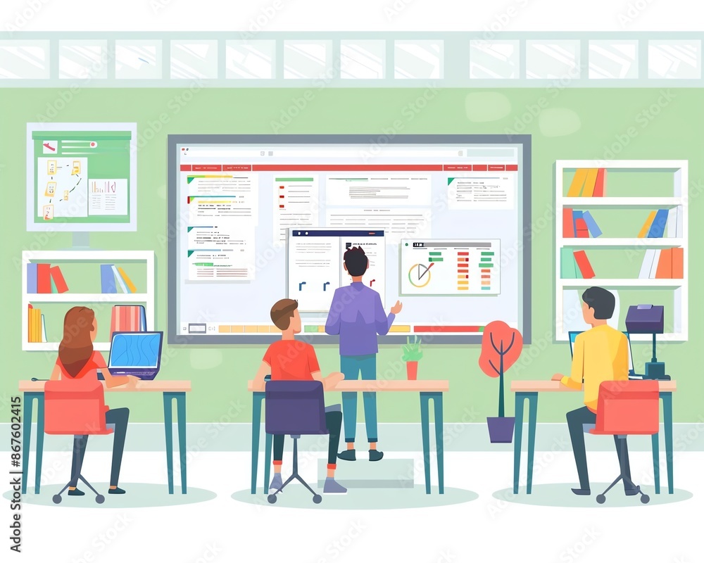 A group of students sit in a classroom, listening to their teacher explain a concept on the whiteboard. A group of students sit in a classroom, listening to their teacher explain a concept on the whiteboard.