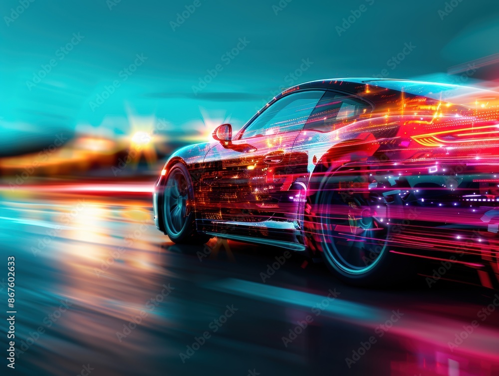 Sleek sports car speeds through city streets at night with vibrant motion blur, showcasing urban energy and advanced automotive technology. Sleek sports car speeds through city streets at night with vibrant motion blur, showcasing urban energy and advanced automotive technology.