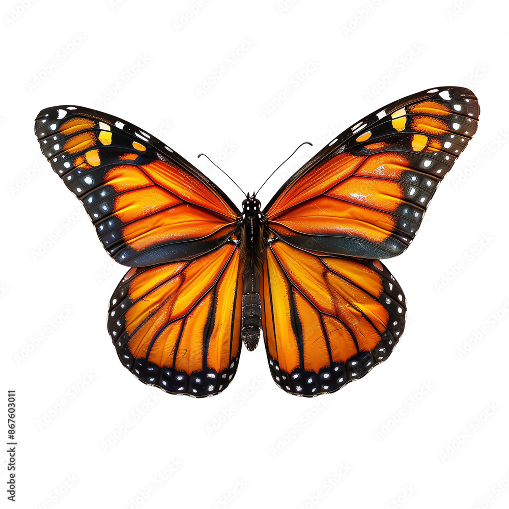 Fototapeta premium Monarch butterfly with bright orange wings and black edges. isolate on white background