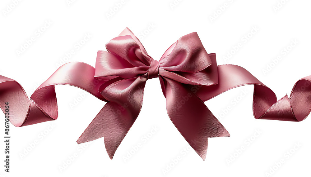 Pink bow. It is made of shiny material. It has two long tails. Pink bow. It is made of shiny material. It has two long tails.