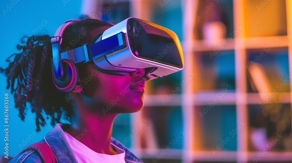 A young person with dreadlocks wearing a VR headset, experiencing immersive technology. Neon lighting adds a futuristic feel. A young person with dreadlocks wearing a VR headset, experiencing immersive technology. Neon lighting adds a futuristic feel.