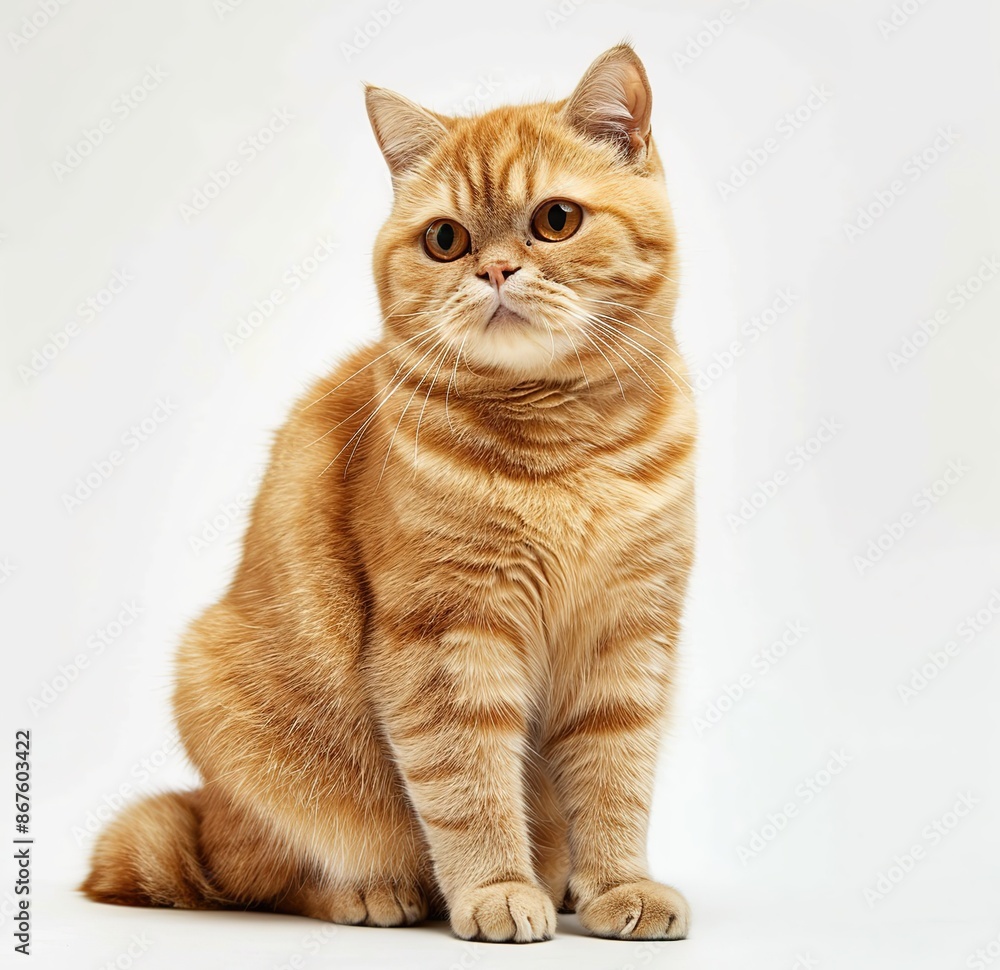 photo of ginger British shorthair cat sitting on white background, looking to camera and tail up, full body shot, isolated photo of ginger British shorthair cat sitting on white background, looking to camera and tail up, full body shot, isolated