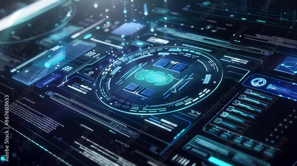 Obraz premium Futuristic digital interface with glowing blue lines and data streams. Abstract technology background.