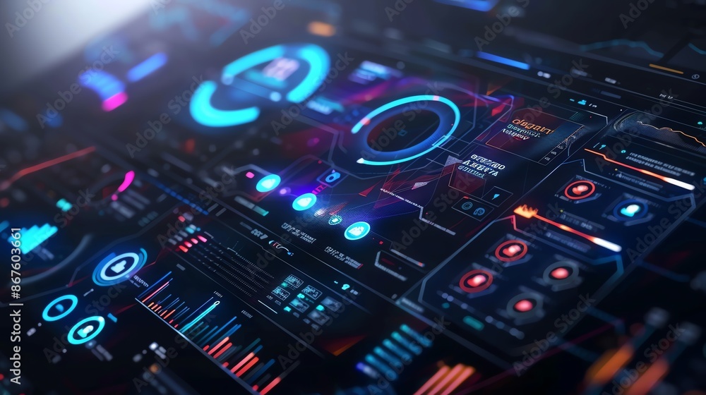 Futuristic digital interface with glowing blue and red elements on a dark background. Futuristic digital interface with glowing blue and red elements on a dark background.
