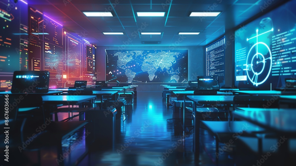 Tech Room Images Futuristic tech room with glowing blue lights and screens displaying ...