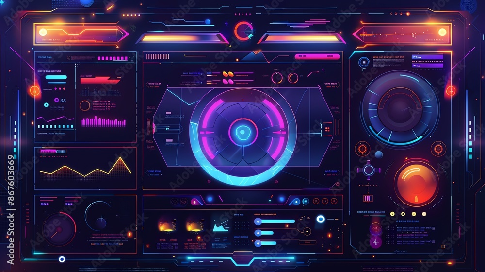 Fototapeta premium Futuristic digital interface with glowing neon lights and data displays.