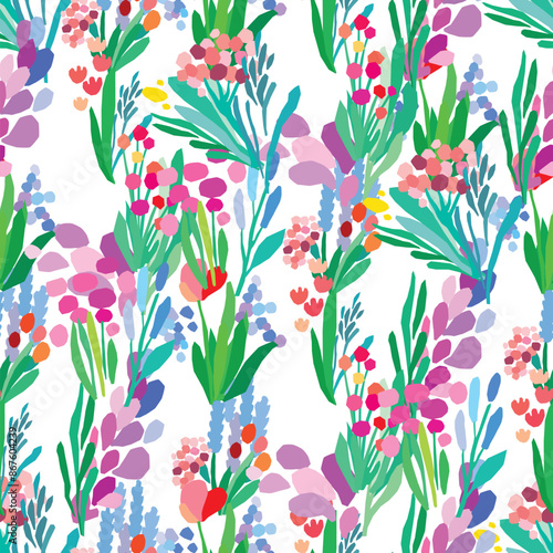 Seamless pattern of colorful flowers and leaves on a white background. Floral textile print design. Vector wildflowers
