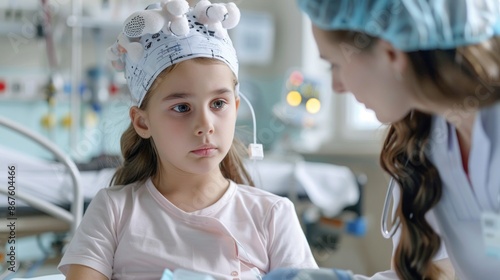 A pediatric doctor in the hospital is examining a little girl who is sick in the pediatric recovery room. photo