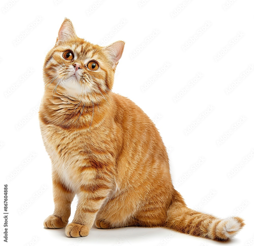 photo of ginger British shorthair cat sitting on white background, looking to camera and tail up, full body shot, isolated photo of ginger British shorthair cat sitting on white background, looking to camera and tail up, full body shot, isolated