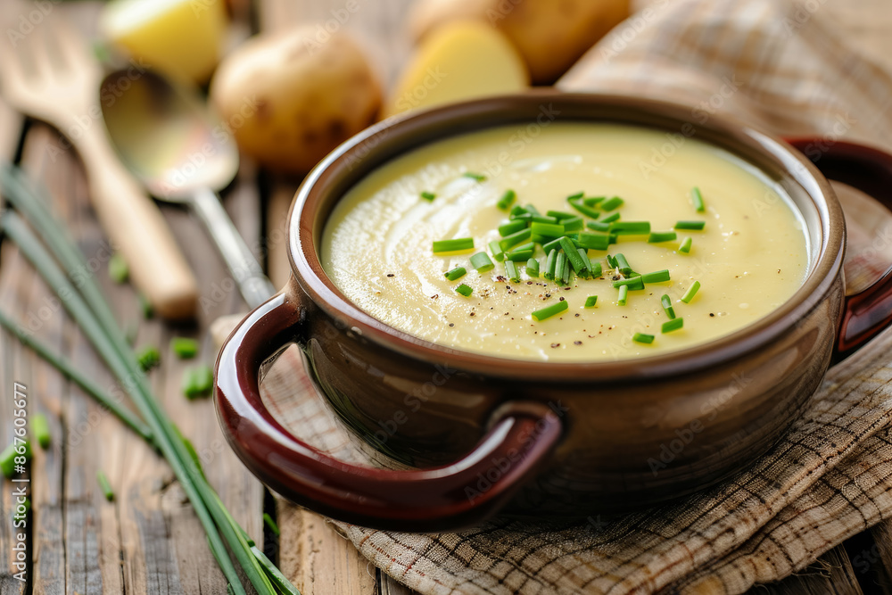 Creamy potato soup garnished with fresh chives in a rustic bowl on a wooden table, perfect for comforting meals and homemade recipes. Creamy potato soup garnished with fresh chives in a rustic bowl on a wooden table, perfect for comforting meals and homemade recipes.