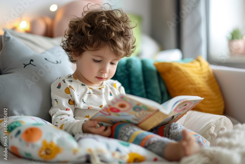 Cute toddler with curly hair reading a colorful book on a cozy bed with pillows and blankets. Child enjoys learning in a comfortable home setting.