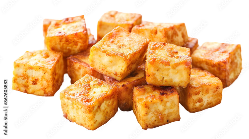 A high-definition image of a pile of crispy tofu bites, perfectly golden-brown, on a transparent background A high-definition image of a pile of crispy tofu bites, perfectly golden-brown, on a transparent background