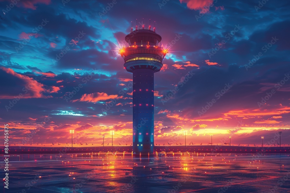 Obraz premium Clipart illustration of Air Traffic Control Tower Overseeing Operations The air traffic control tower standing tall, overseeing the entire airport and ensuring the safe and efficient movement of