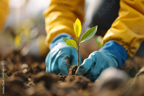 Hands wearing gloves planting a sapling in soil, symbolizing growth, nature conservation, and sustainable gardening practices.