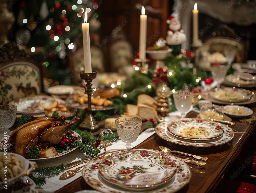 A beautifully decorated Christmas table with a roasted duck, candles, and festive decor. A beautifully decorated Christmas table with a roasted duck, candles, and festive decor.