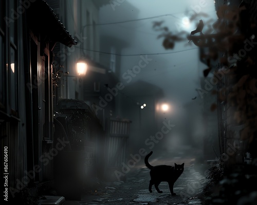 A black cat walks down a misty alleyway, illuminated by streetlights. The atmosphere is eerie and mysterious.