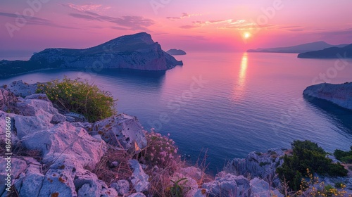 breathtaking sunset view of Polyaigos island in Greece photo