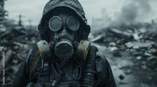 Person wearing gas mask and protective gear standing in a post-apocalyptic wasteland with debris and smoke in the background.