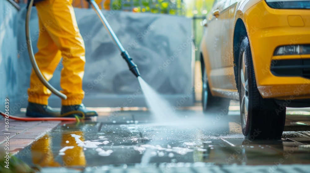 Wet cleaning of street with pressurized water. Wet cleaning of street with pressurized water.