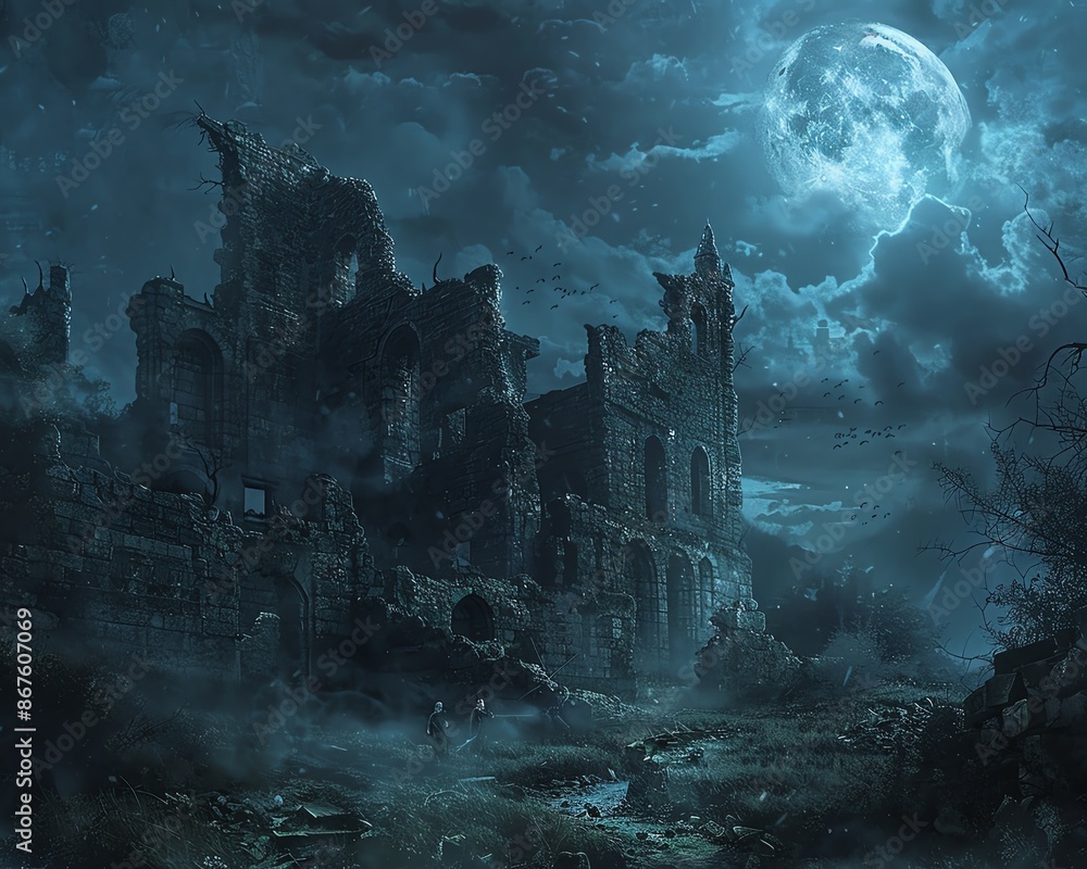 A haunting, moonlit scene of a crumbling stone castle ruins under a dramatic sky. A haunting, moonlit scene of a crumbling stone castle ruins under a dramatic sky.