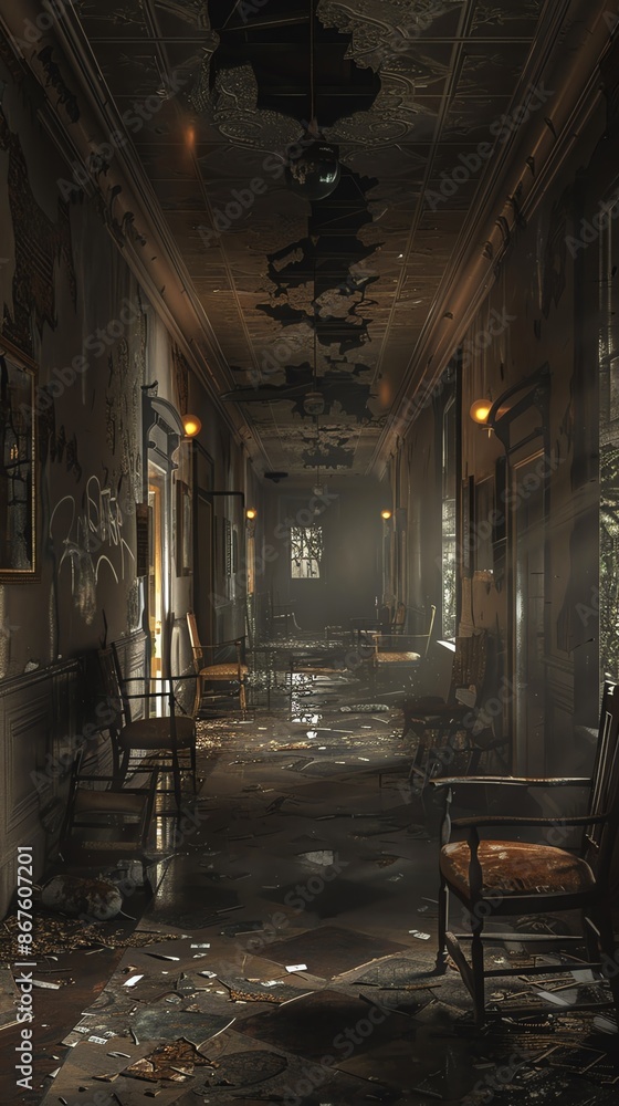 Fototapeta premium A long, dimly lit hallway in an abandoned building, with decaying furniture and debris on the floor. The atmosphere is eerie and unsettling.