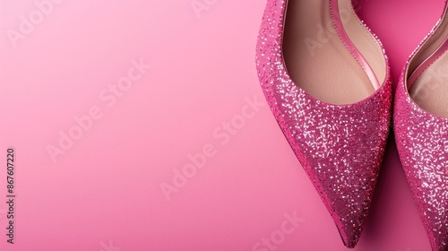 Pink high heels with glitter, pastel pink background.