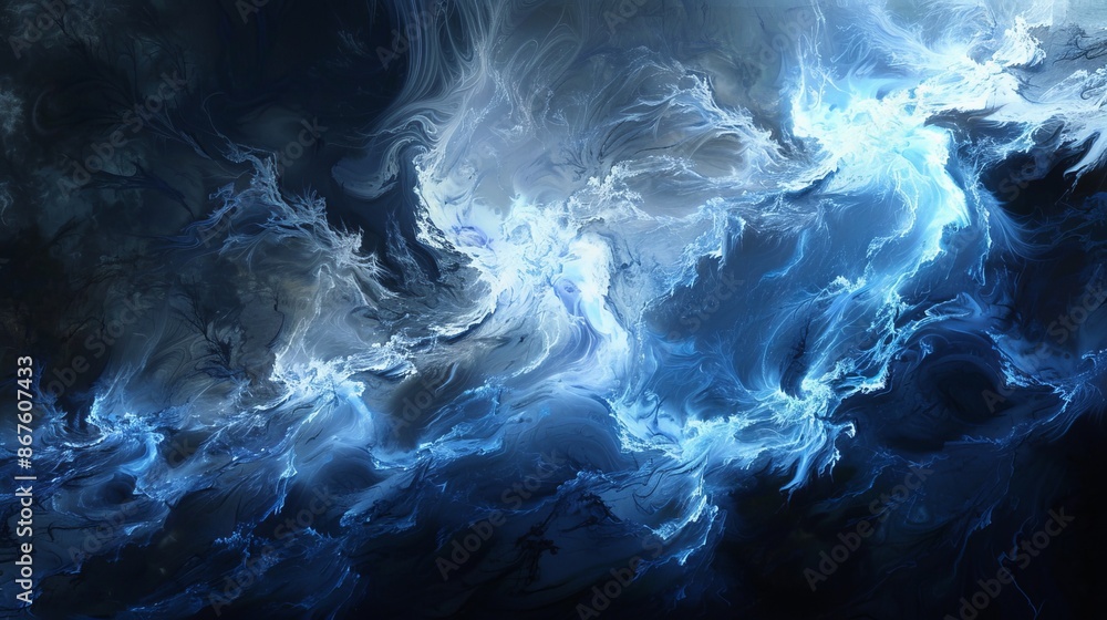 A stunning abstract visualization of a thunderstorm, featuring dynamic swirls of blue and white evoking a powerful yet ethereal atmosphere. A stunning abstract visualization of a thunderstorm, featuring dynamic swirls of blue and white evoking a powerful yet ethereal atmosphere.