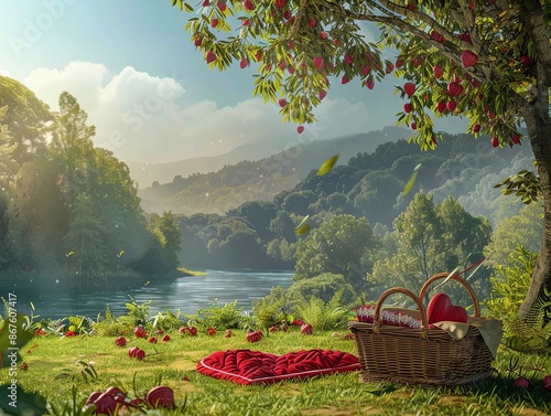 A picturesque picnic spot by a river with a basket and a heart shaped blanket in the foreground, surrounded by greenery and mountains.