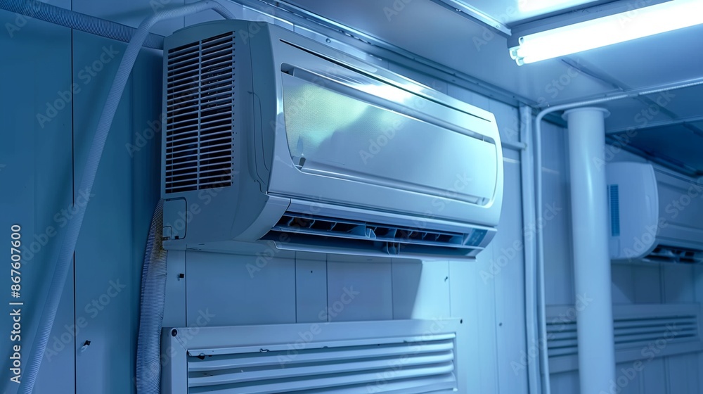 a white air conditioner sitting on top of a wall a white air conditioner sitting on top of a wall
