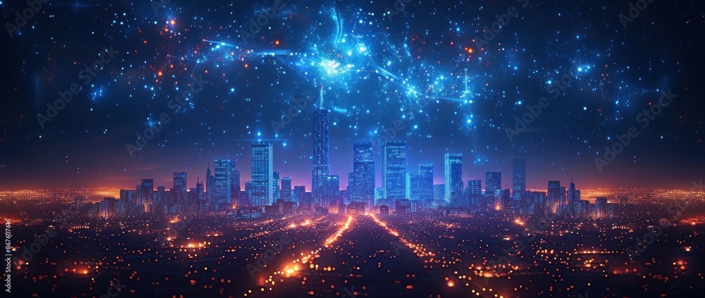 Night Cityscape with Starry Sky Night Cityscape with Starry Sky